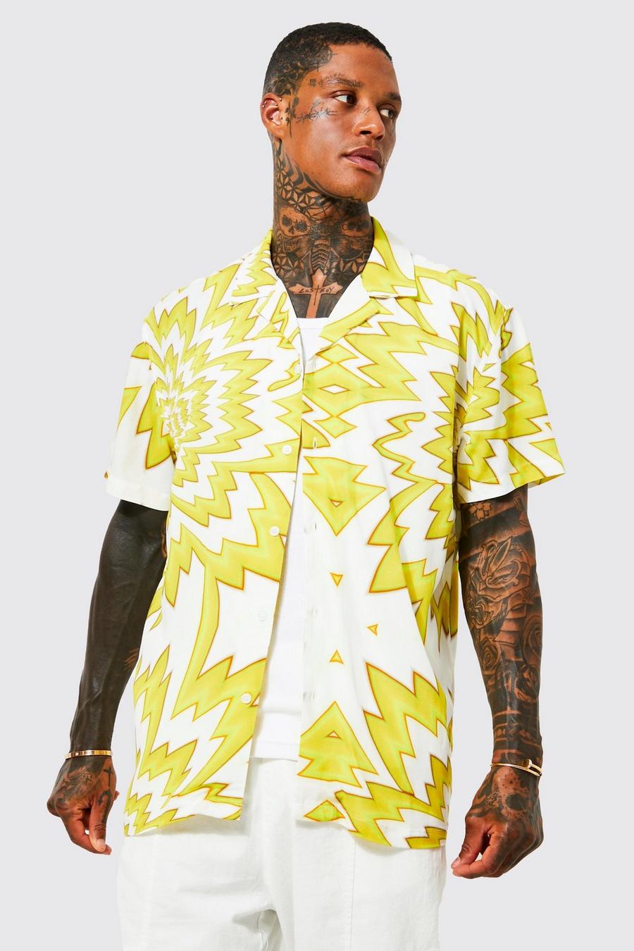 Yellow Boxy Viscose Abstract Revere Shirt  image number 1