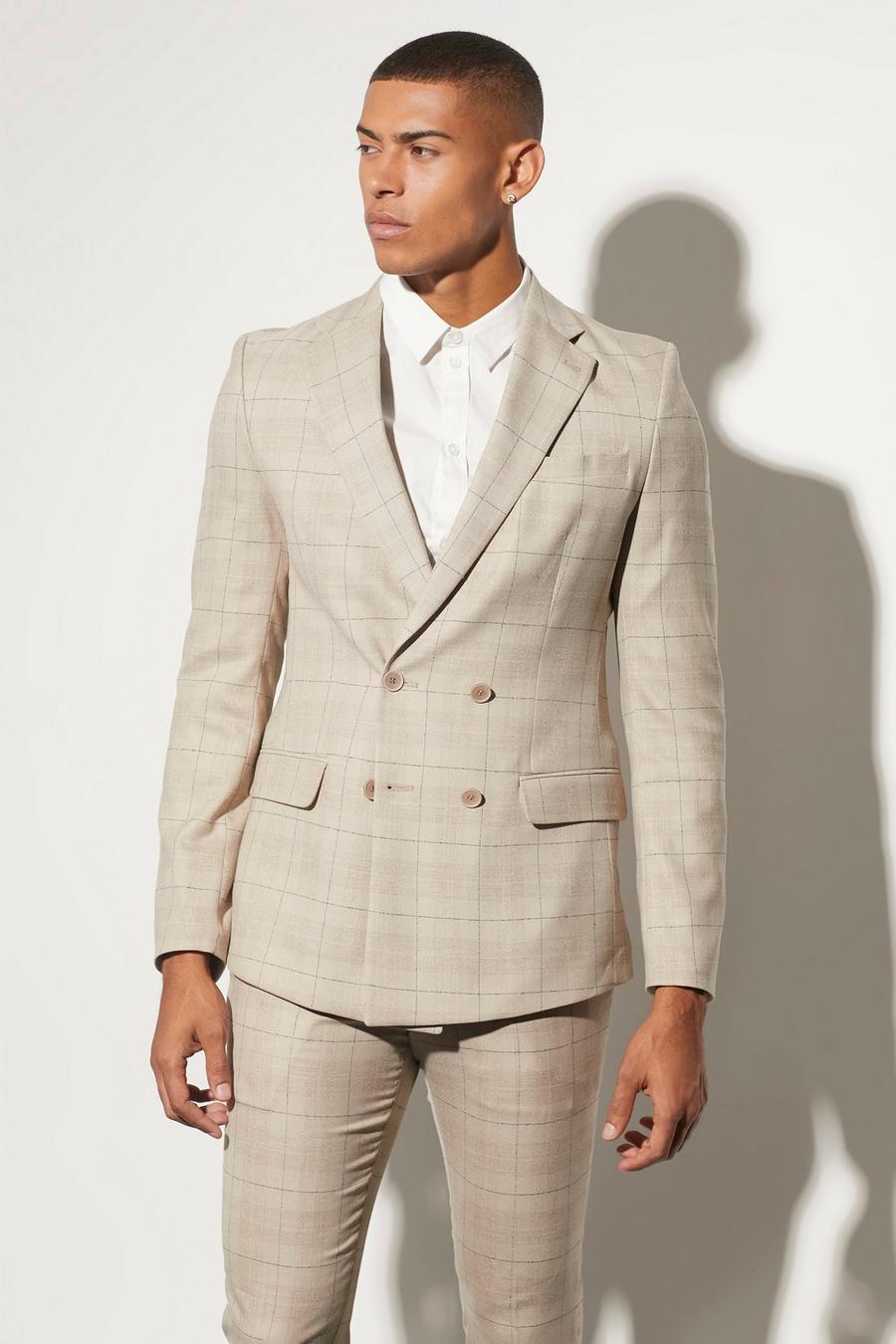 Beige Double Breasted Skinny Check Suit Jacket