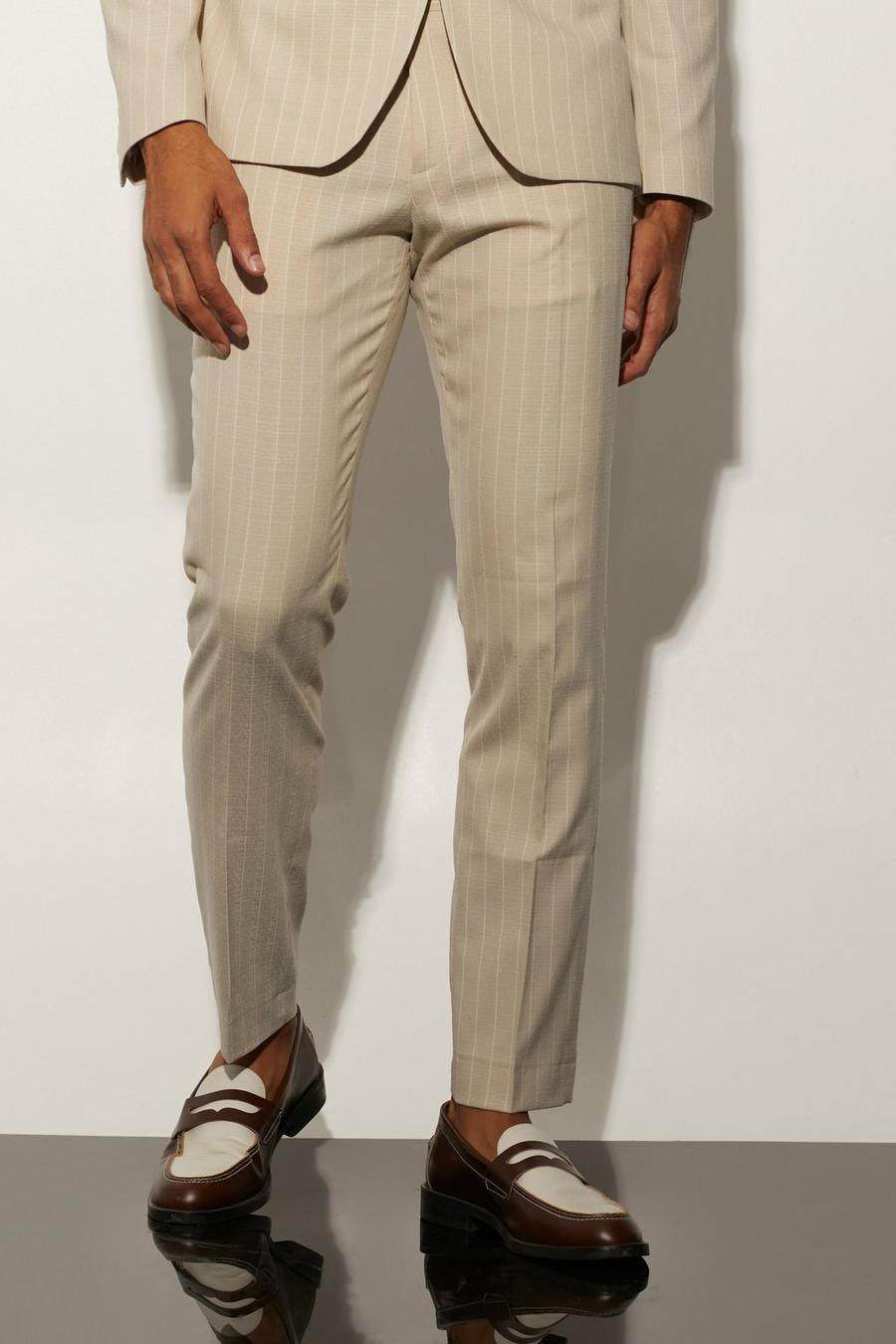 Beige Slim Stripe Textured Suit Trousers image number 1