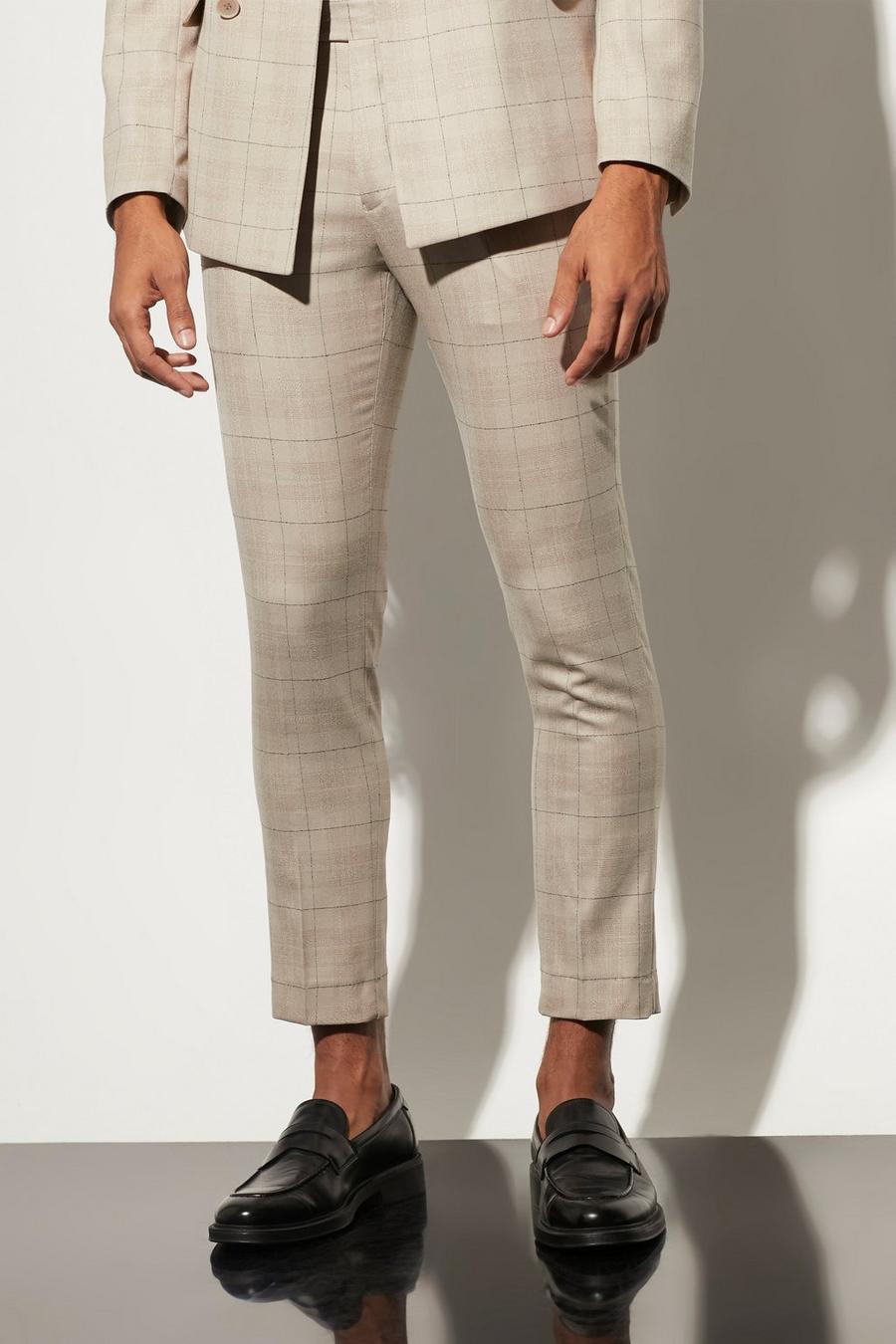 Beige Skinny Check Crop Suit Trousers