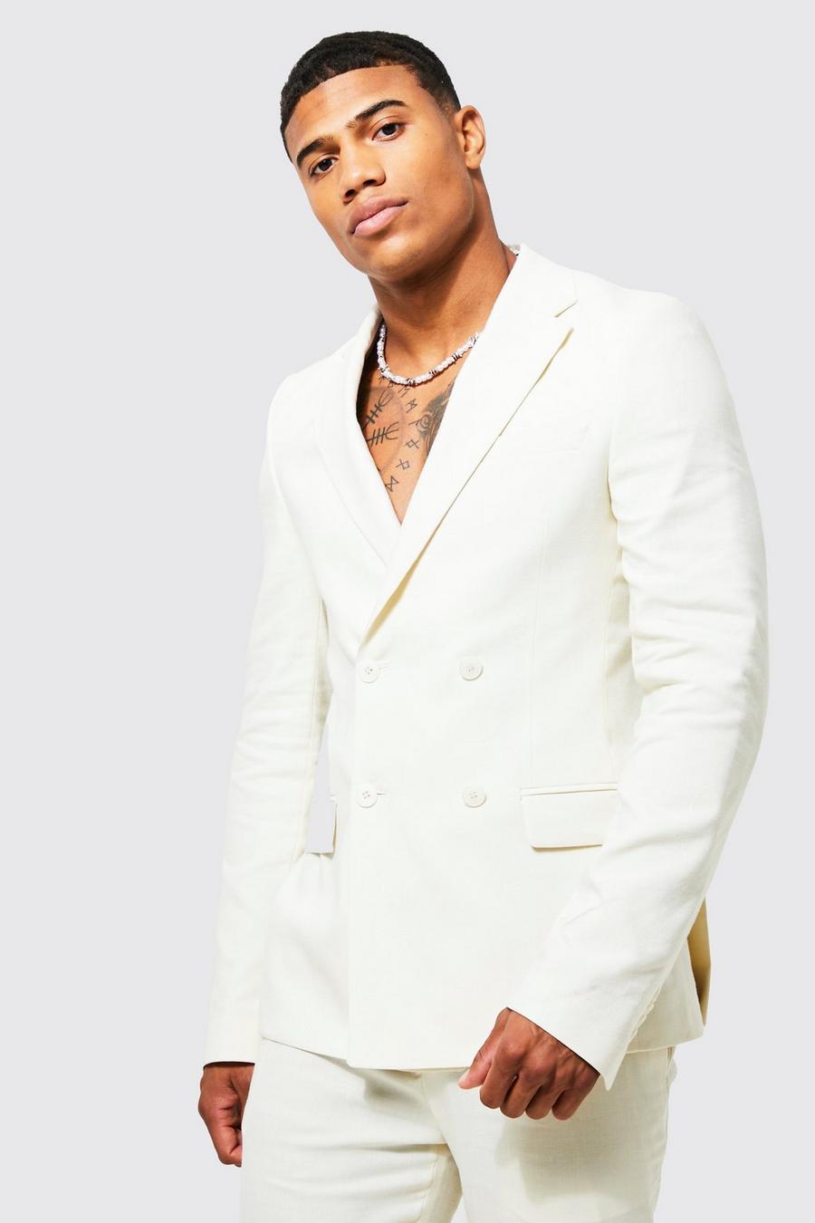 Ecru Single Breasted Skinny Linen Suit Jacket image number 1