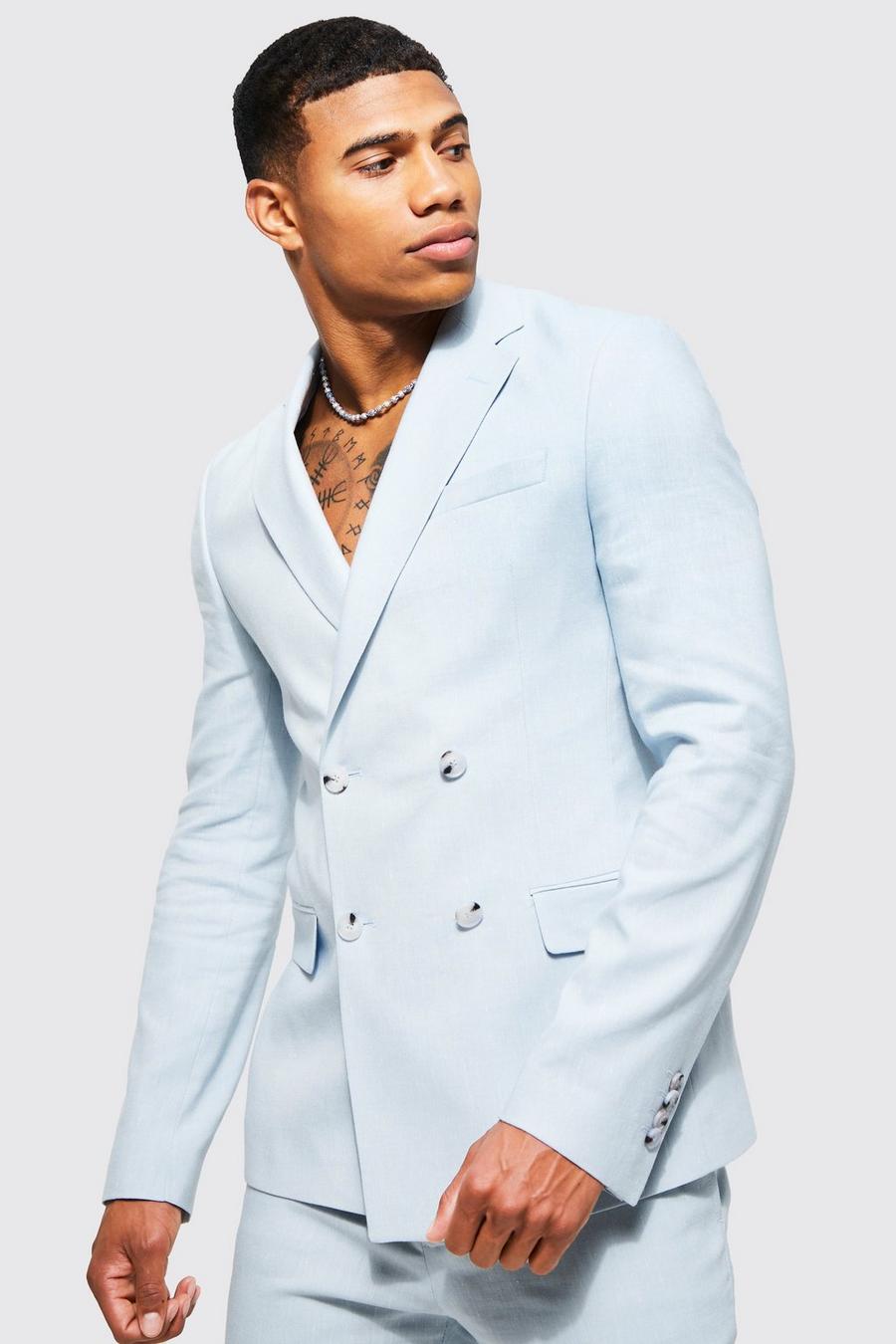 Light blue Double Breasted Skinny Linen Suit Jacket