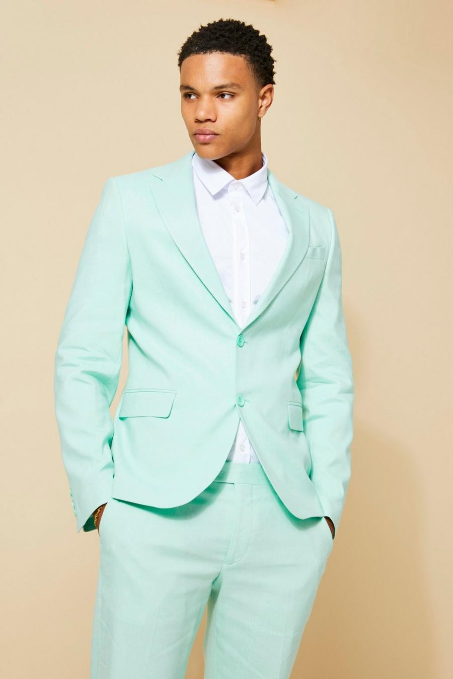 Mint green Single Breasted Slim Linen Suit Jacket