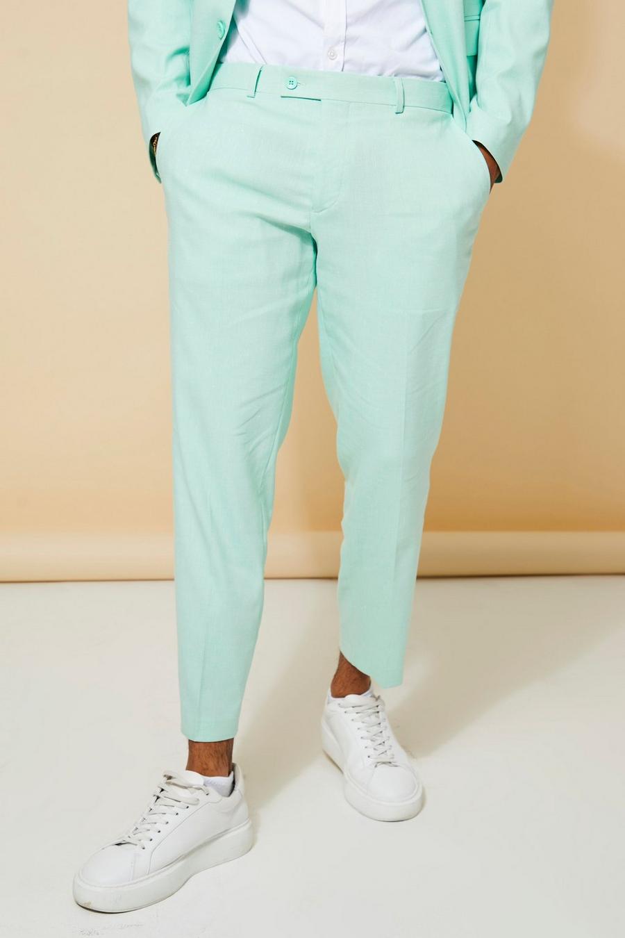 Mint green Slim Linen Crop Suit Trousers image number 1
