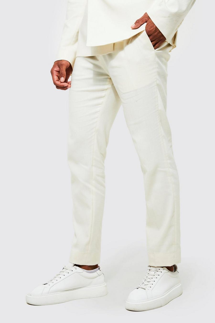 שמנת bianco מכנסי חליפה סקיני קרופ מפשתן
