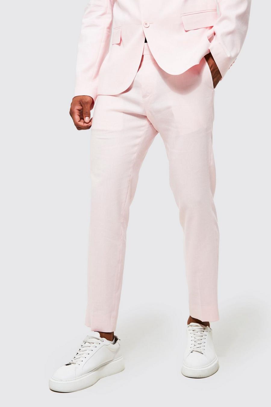 Pantalón de traje ceñido pesquero de lino, Light pink rosa