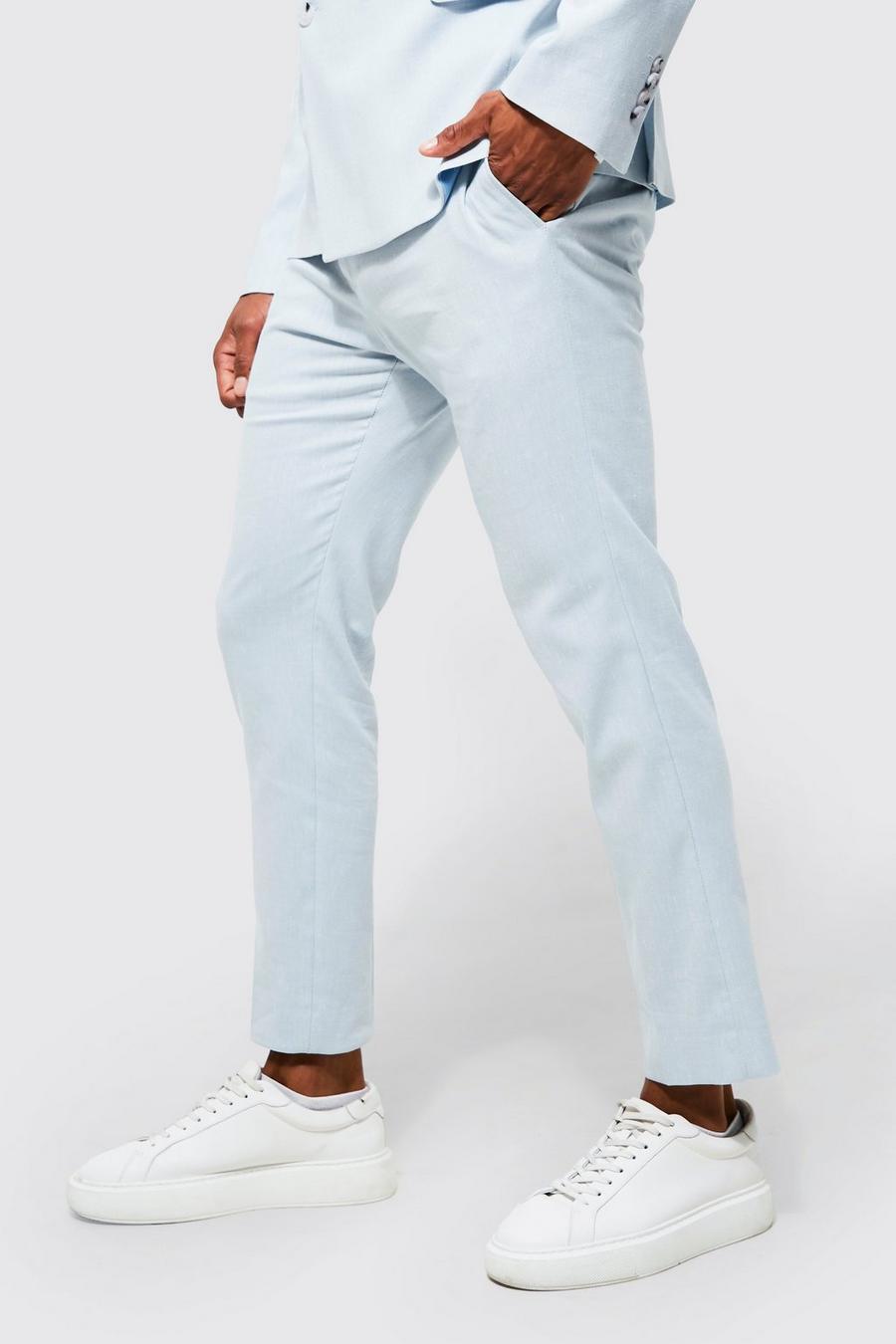Light blue azzurro Skinny Linen Crop Suit Trousers