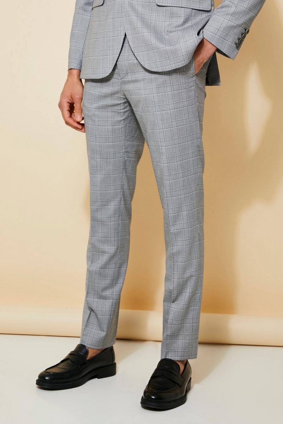 אפור grey מכנסיים לחליפה עם הדפס משבצות בגזרה צרה image number 1