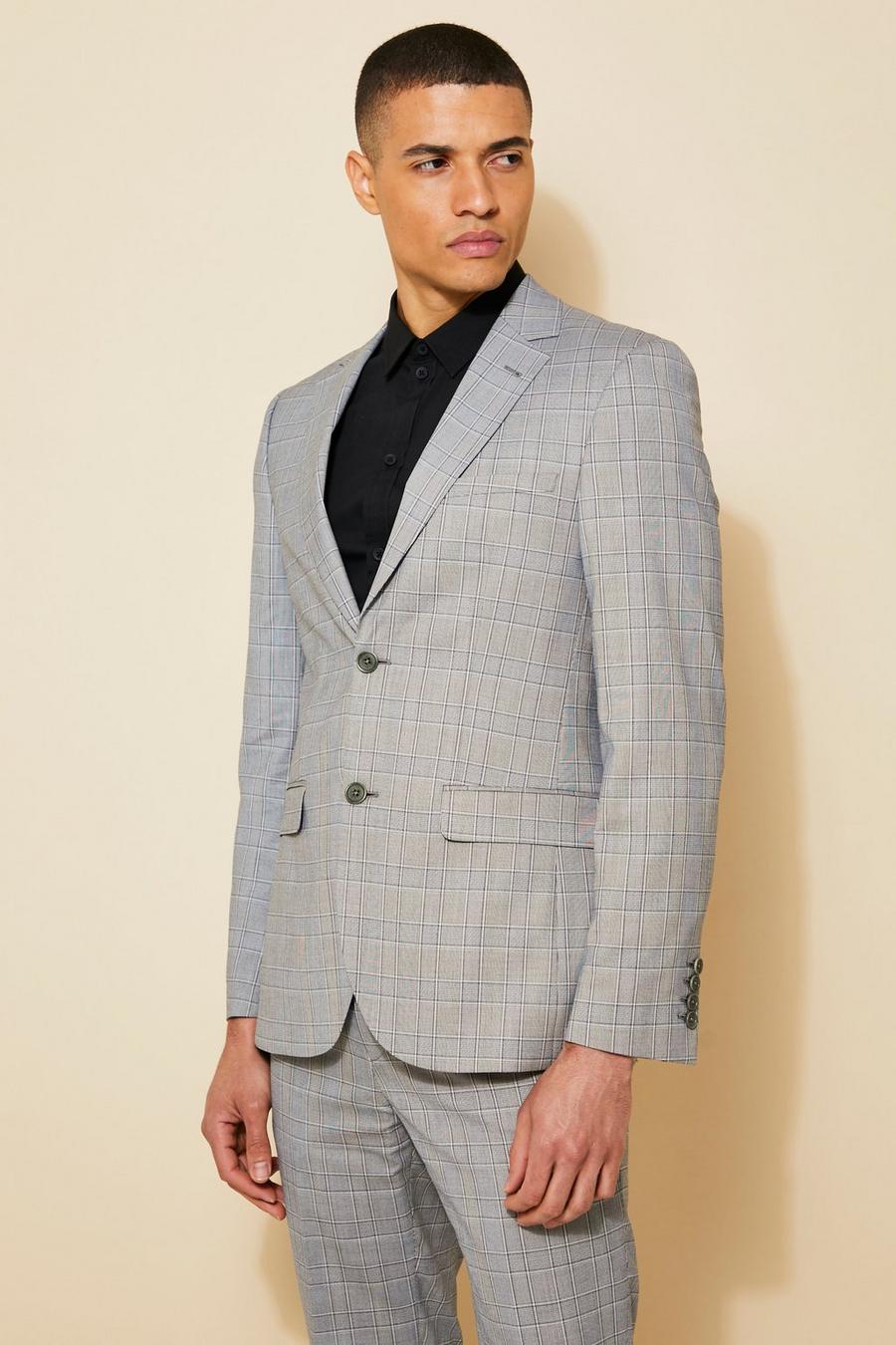 Grey gris Slim Single Breasted Check Suit Jacket