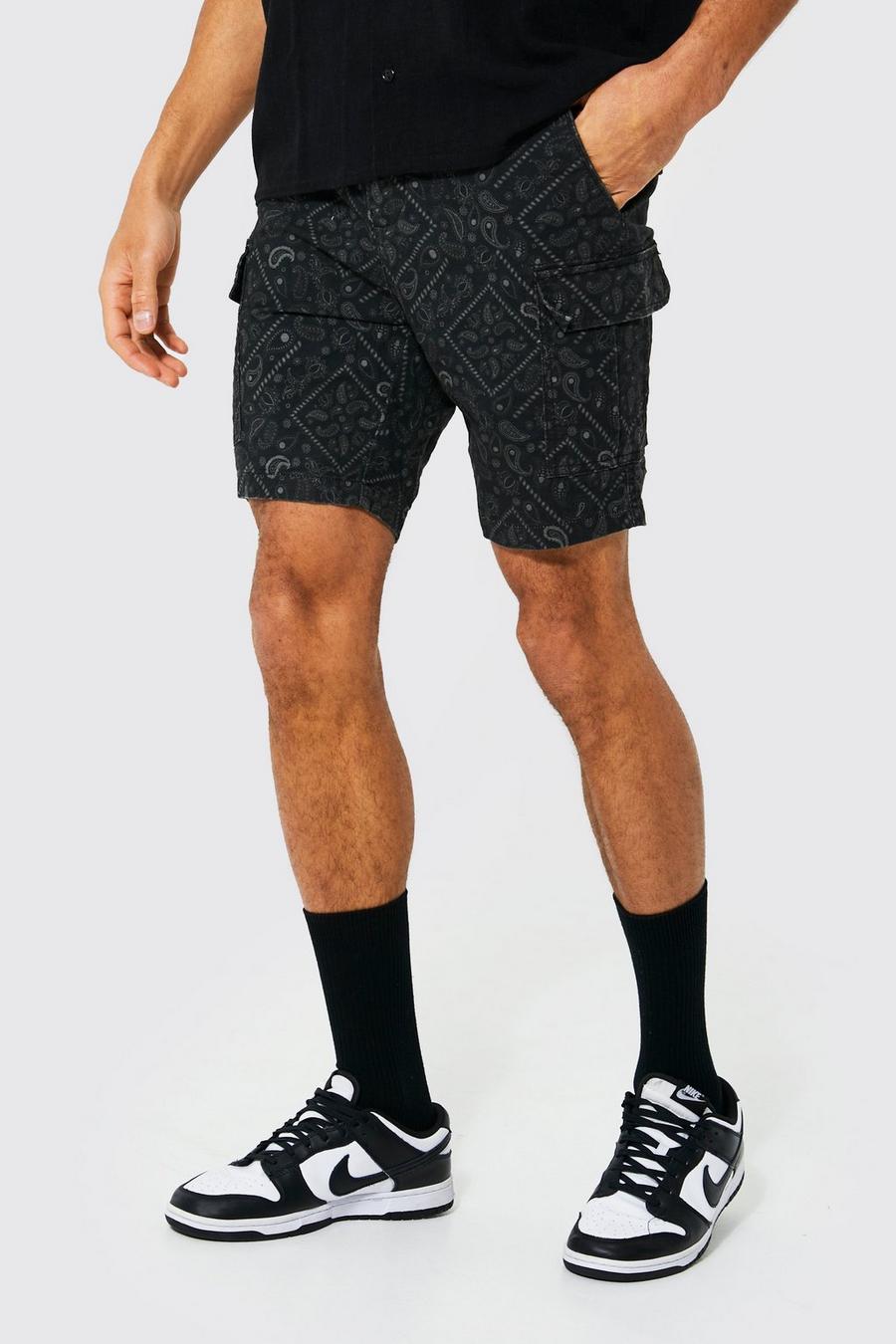 Black Regular Fit All Over Bandana Cargo Shorts