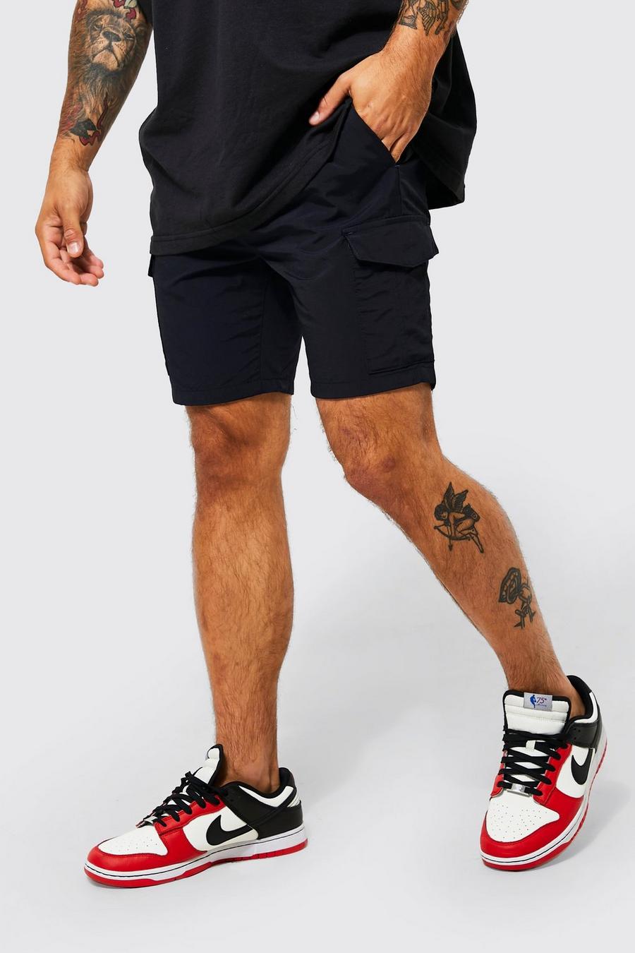 Black noir Slim Fit Nylon Cargo Shorts image number 1