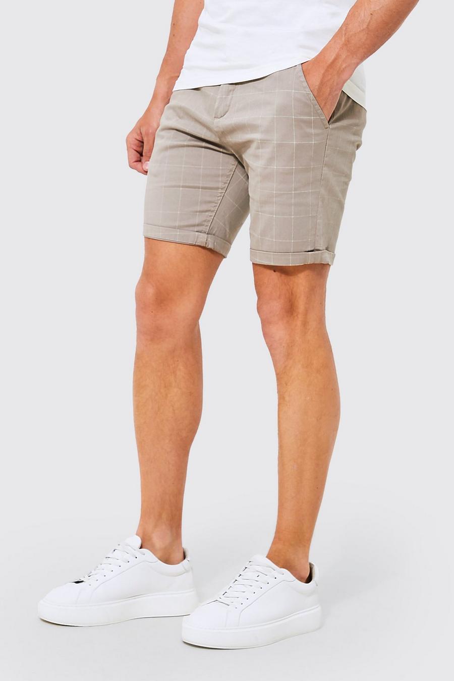 Grey Slim Fit Checked Chino Shorts image number 1