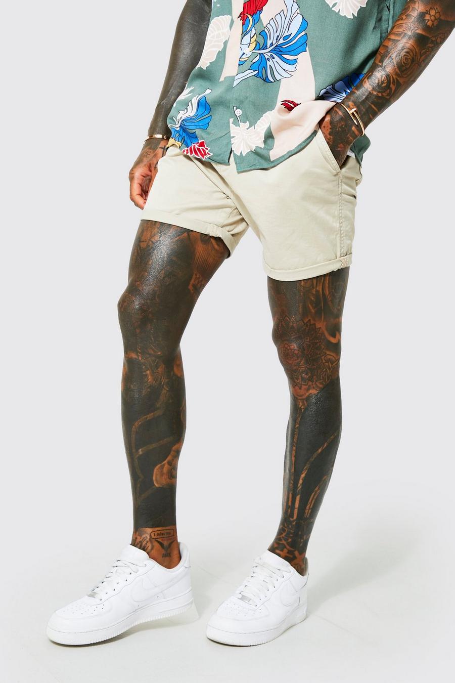 Stone Skinny Fit Contrast Turn Up Hem Chino Shorts image number 1