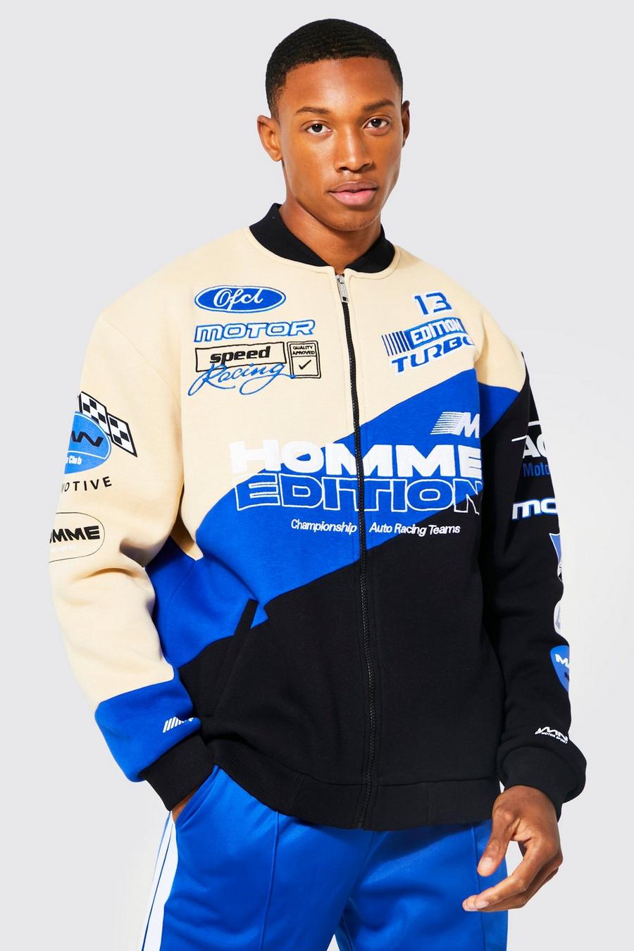 Blue Colourblock Homme Edition Moto Jersey Bomber image number 1