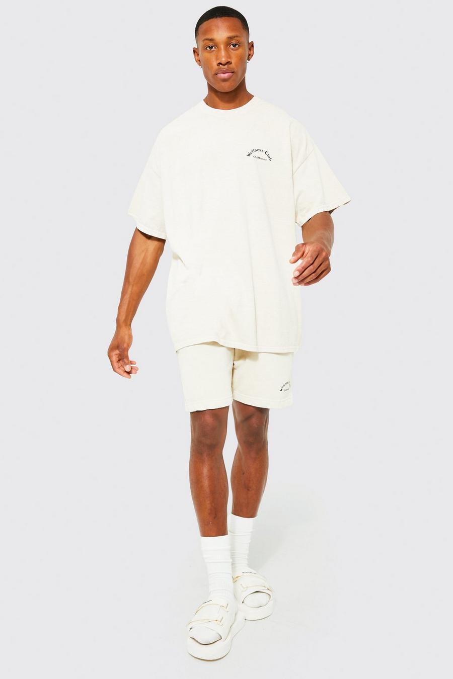 Conjunto oversize de pantalón corto y camiseta con estampado Wellness, Sand beige image number 1