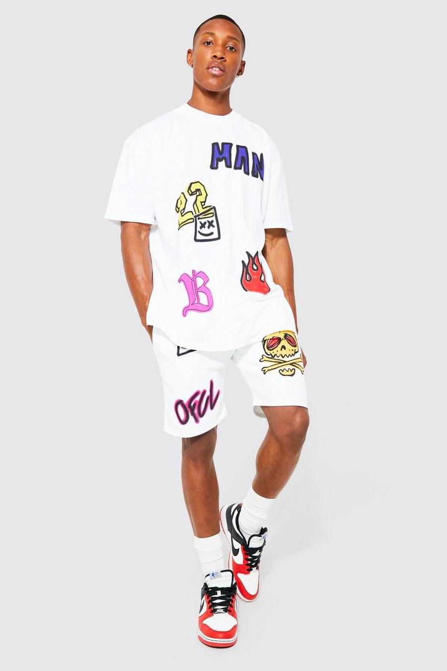 Oversize Official T-Shirt mit Graffiti-Print & Shorts, White image number 1