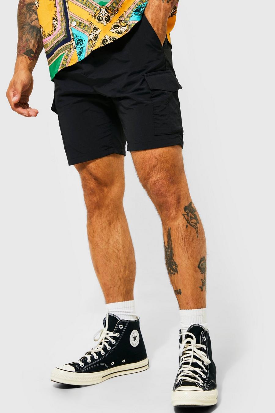 Black Slim Fit Nylon Cargo Shorts image number 1