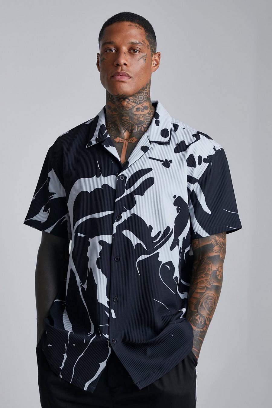 Black Short Sleeve Oversized Pleated Marble Shirt  image number 1