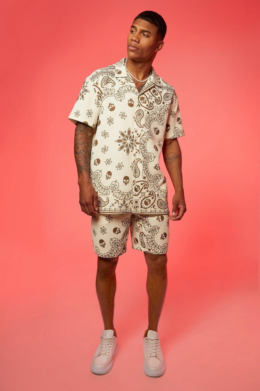 Ecru Bandana Short Sleeve Oversized Pleated Shirt And Short Set image number 1