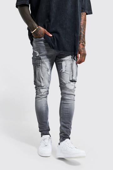 Super Skinny Multi Rip Cargo Jeans mid grey