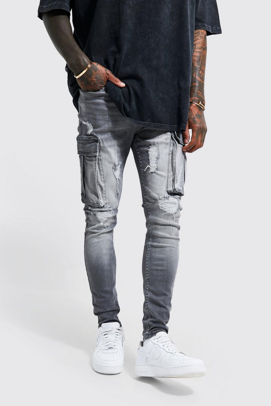 Mid grey grå Super Skinny Multi Rip Cargo Jeans image number 1