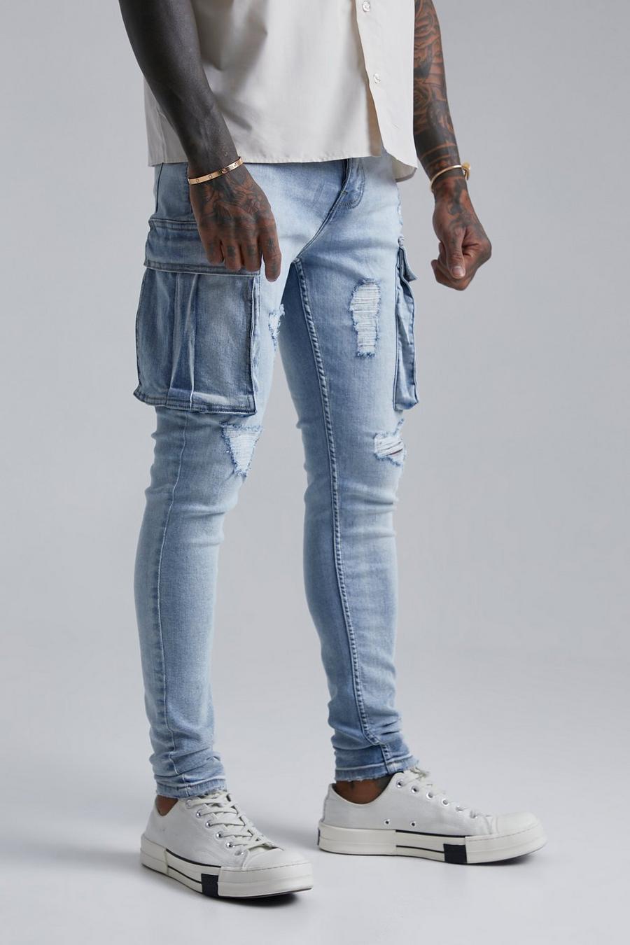 Ice blue Super Skinny Multi Rip Cargo Jeans image number 1