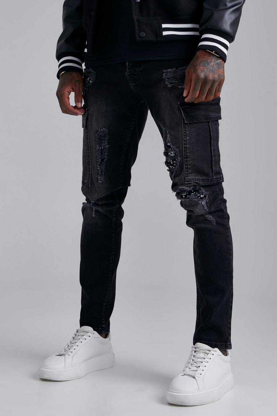 Jeans Cargo in Stretch Skinny Fit con strappi & rattoppi, Washed black