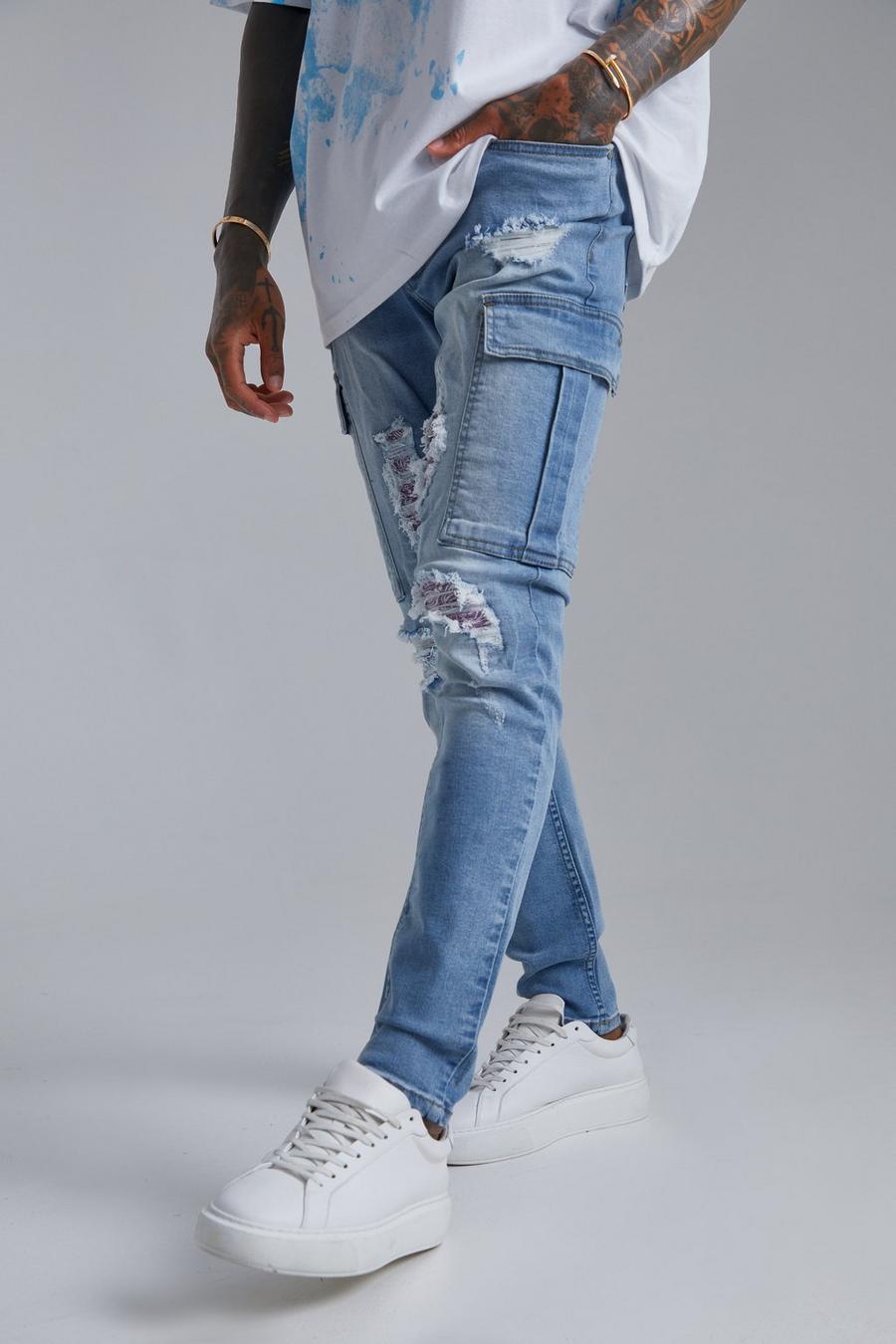 Ice blue Skinny Stretch Rip & Repair Cargo Jeans image number 1