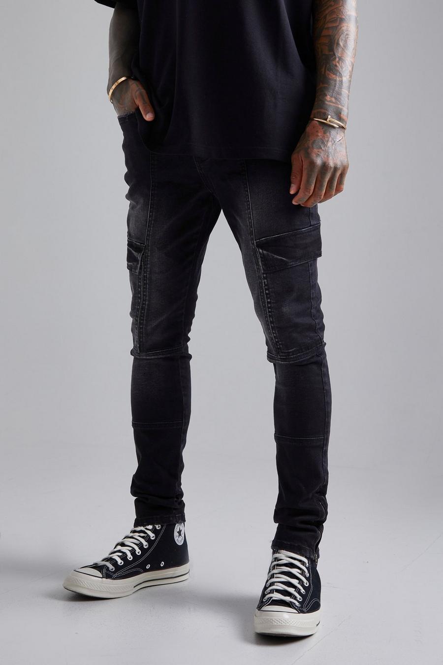 Jeans Cargo Super Skinny Fit con pannelli, Washed black