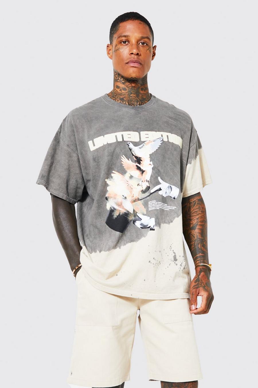 T-shirt oversize candeggiata in fantasia tie dye con grafica, Charcoal image number 1