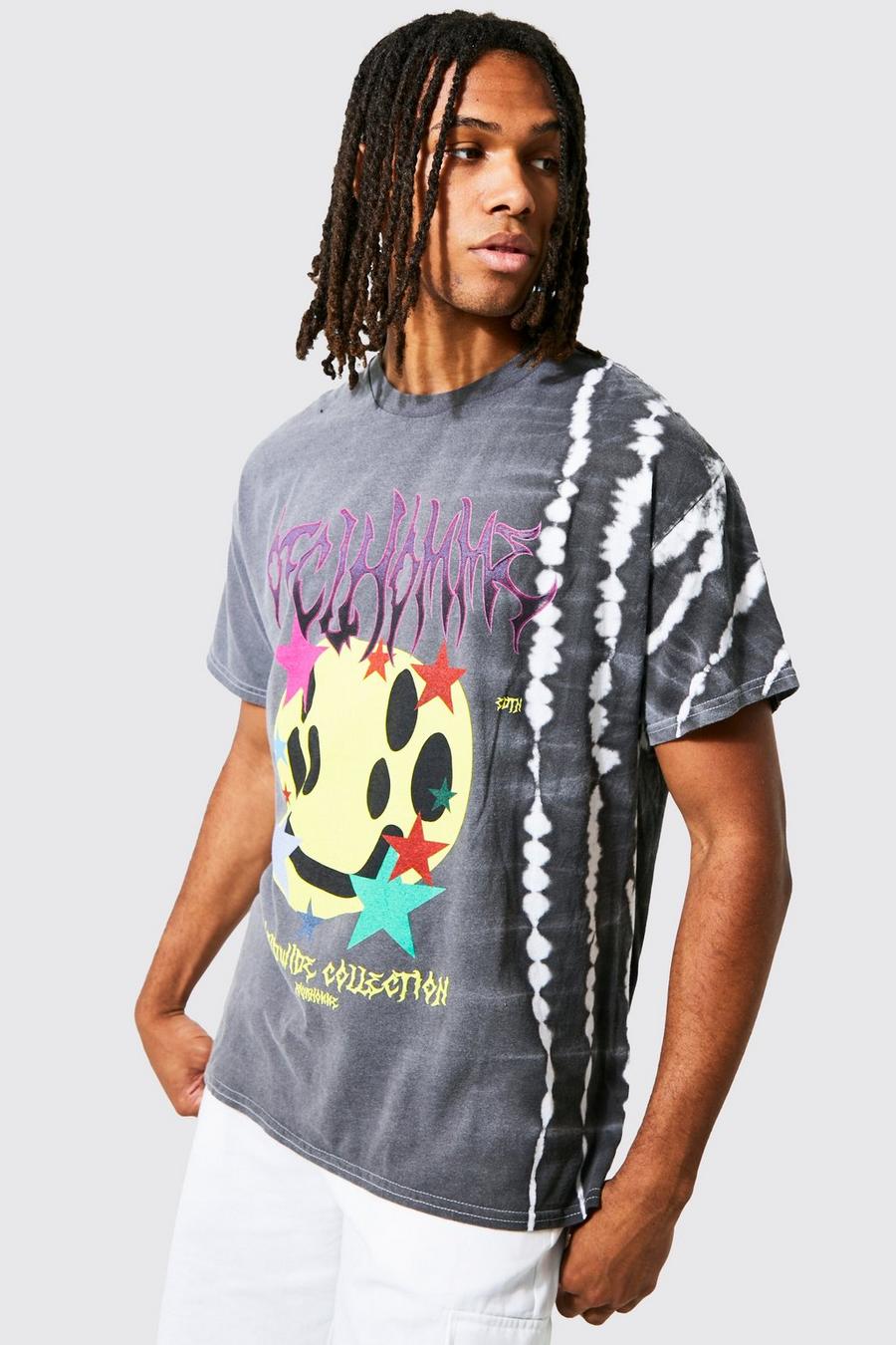 Charcoal Oversized Bleach Tie Dye Graphic T-shirt  image number 1