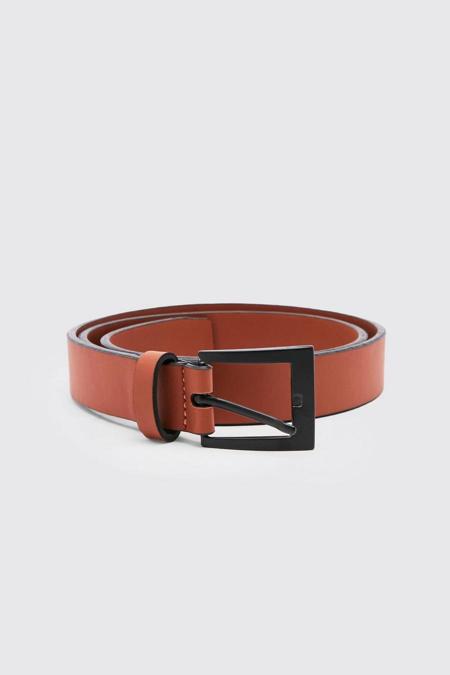 Chocolate Matte Rectangle Buckle Leather Look Belt image number 1