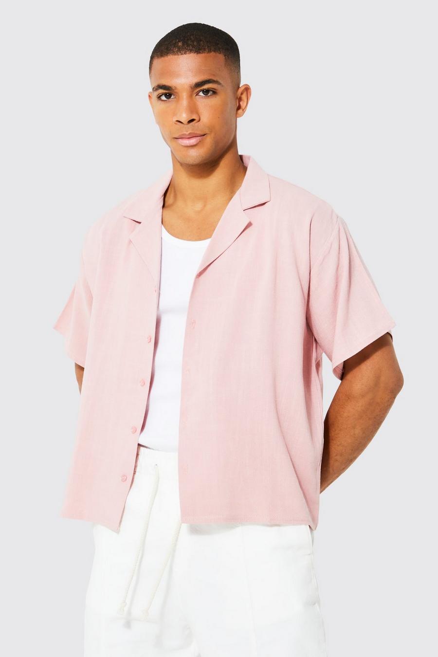 Pale pink Linnen Boxy Overhemd Met Korte Mouwen En Revers Kraag image number 1