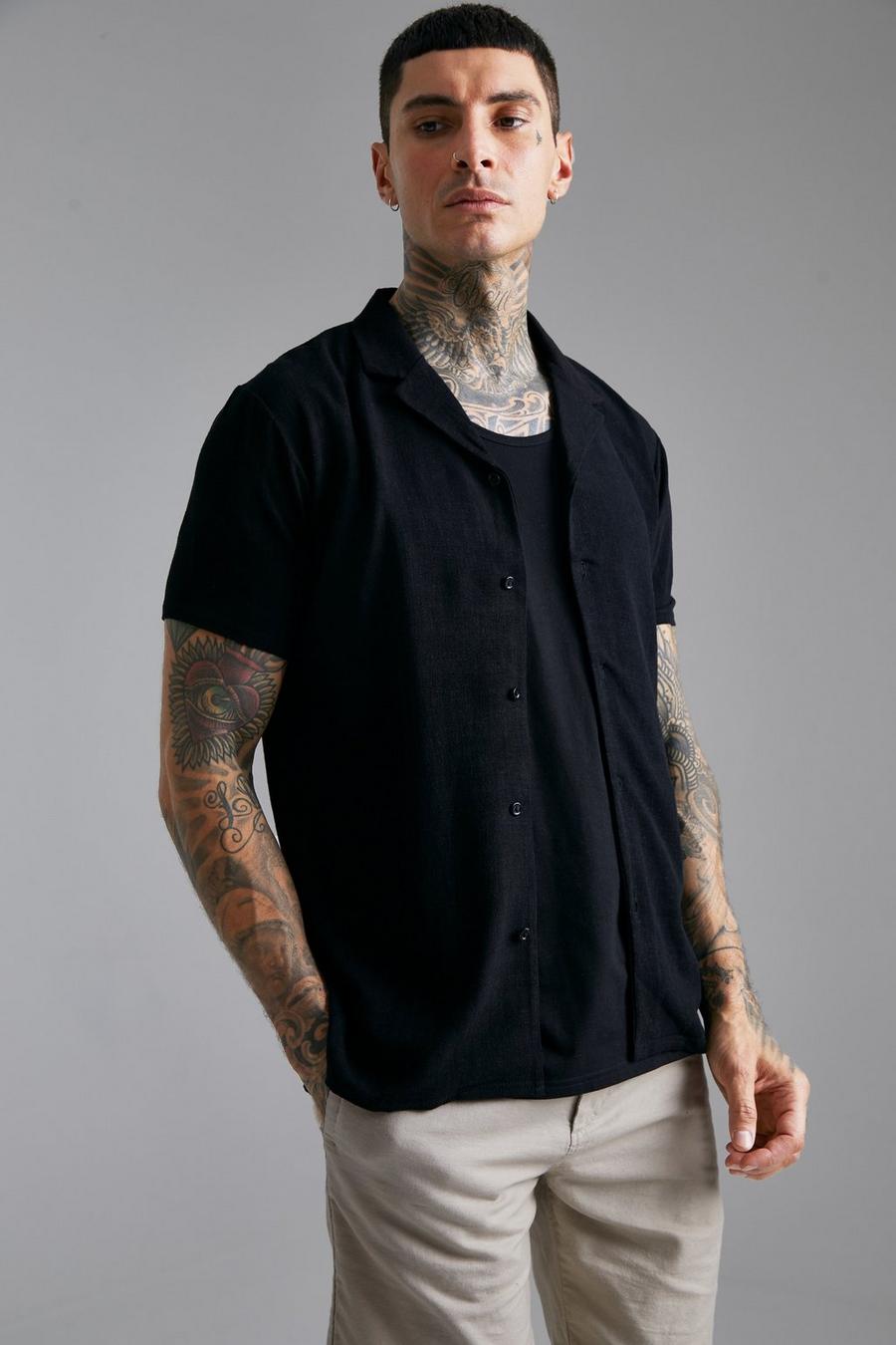 Black svart Kortärmad linneskjorta med bowlingkrage