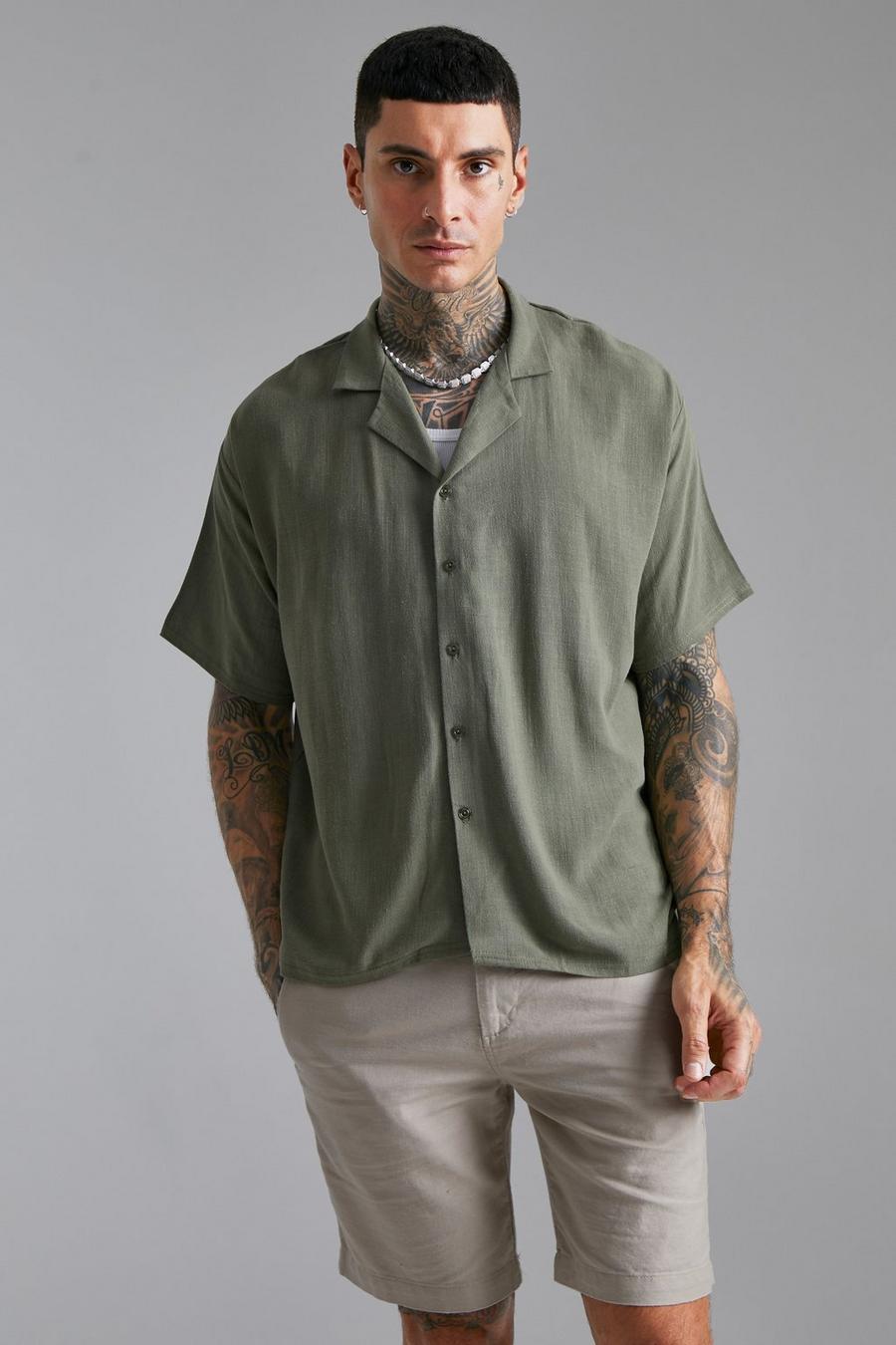 Khaki Kortärmad linneskjorta med bowlingkrage
