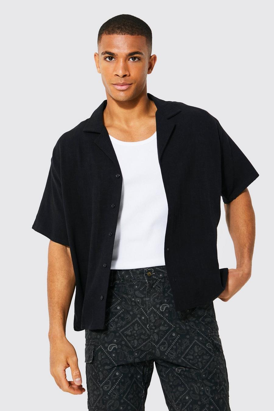 Black Short Sleeve Boxy Fit Revere Linen Shirt image number 1