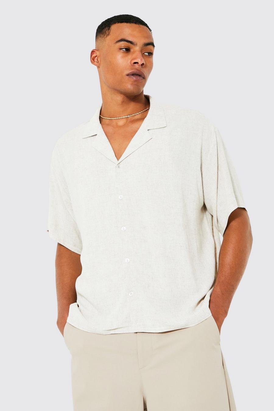 Natural Kortärmad linneskjorta med bowlingkrage image number 1