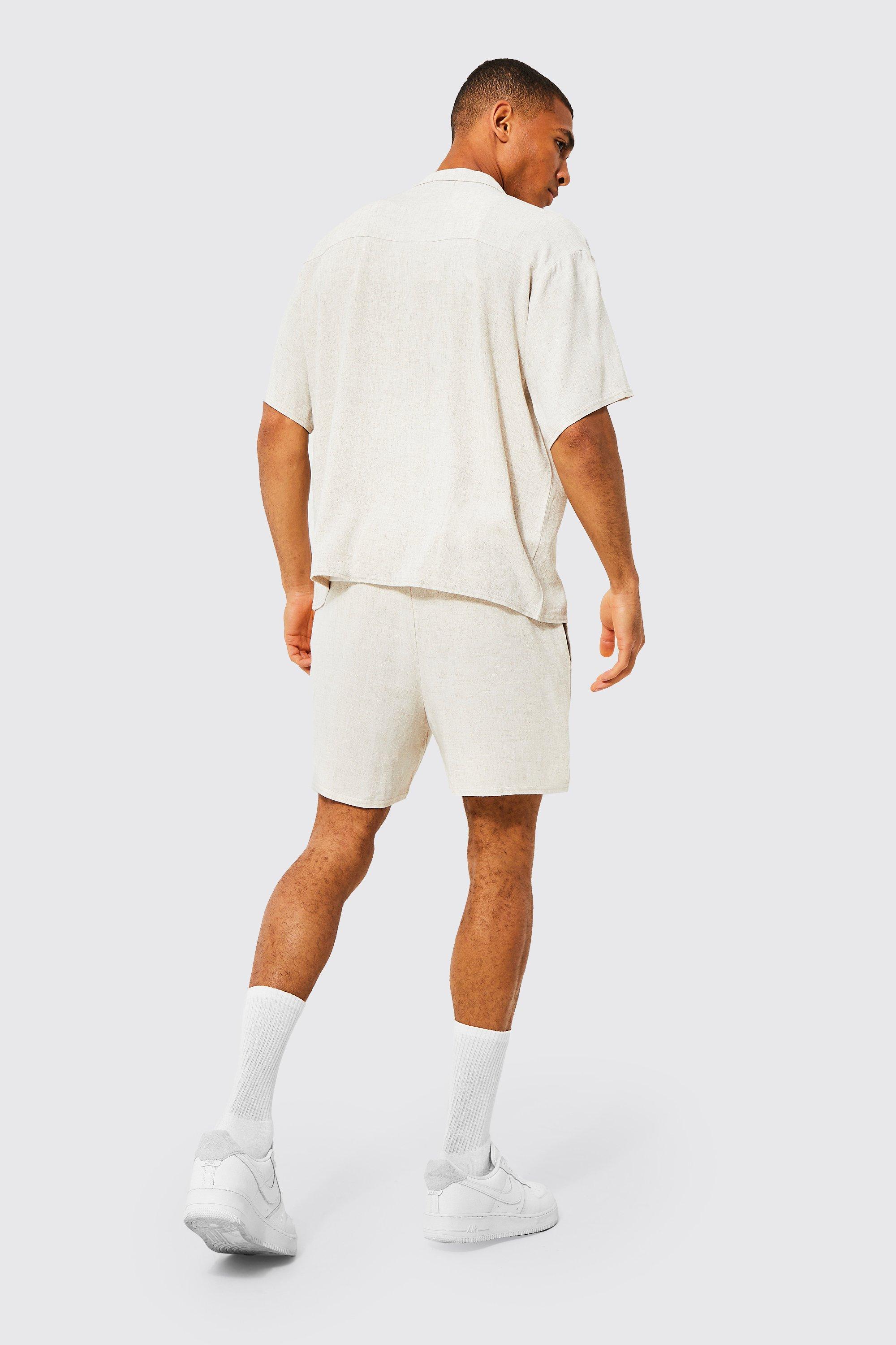 Mens white linen short sets sale