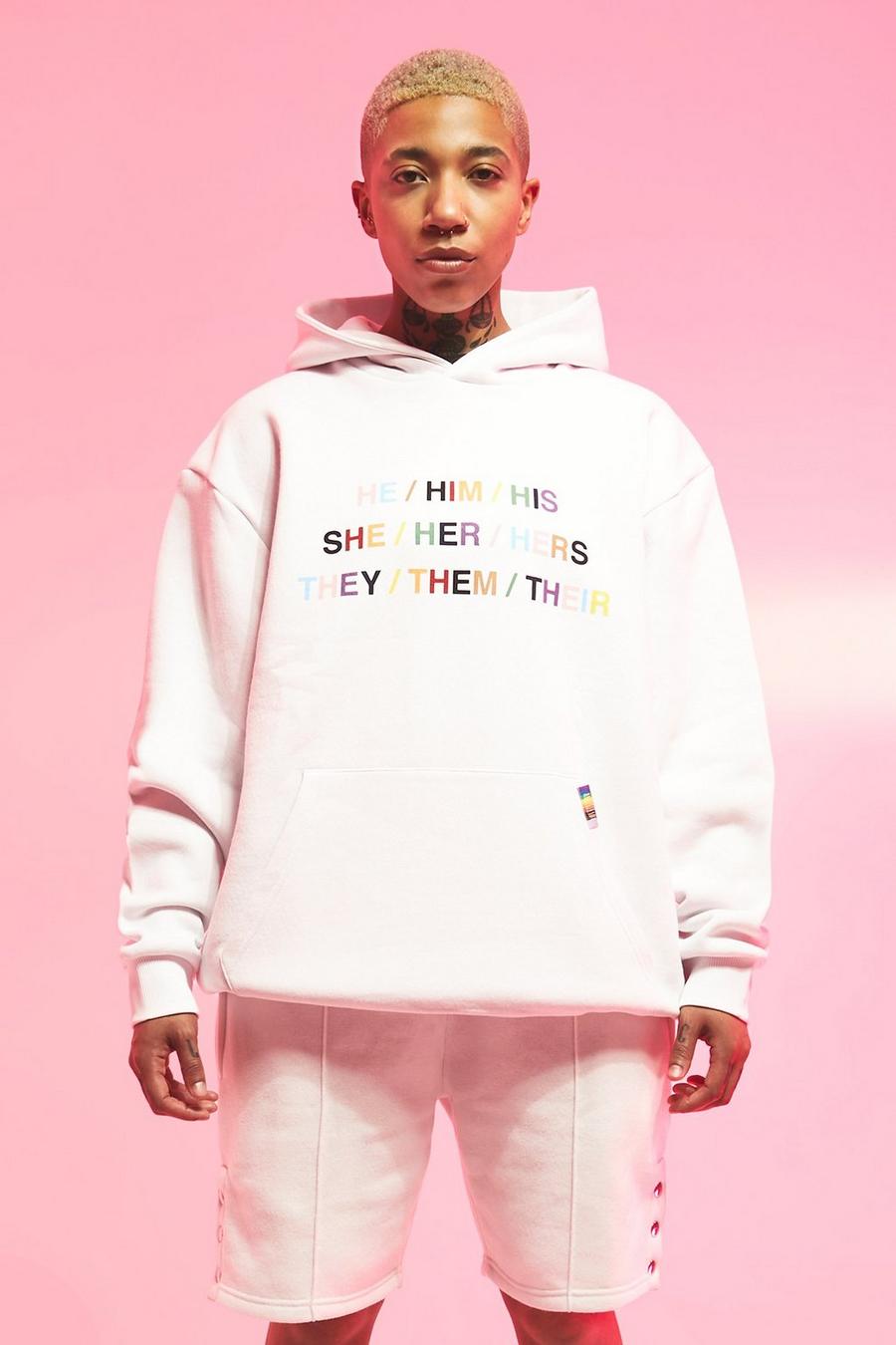 White Pride Oversized Fit Pronouns Hoodie