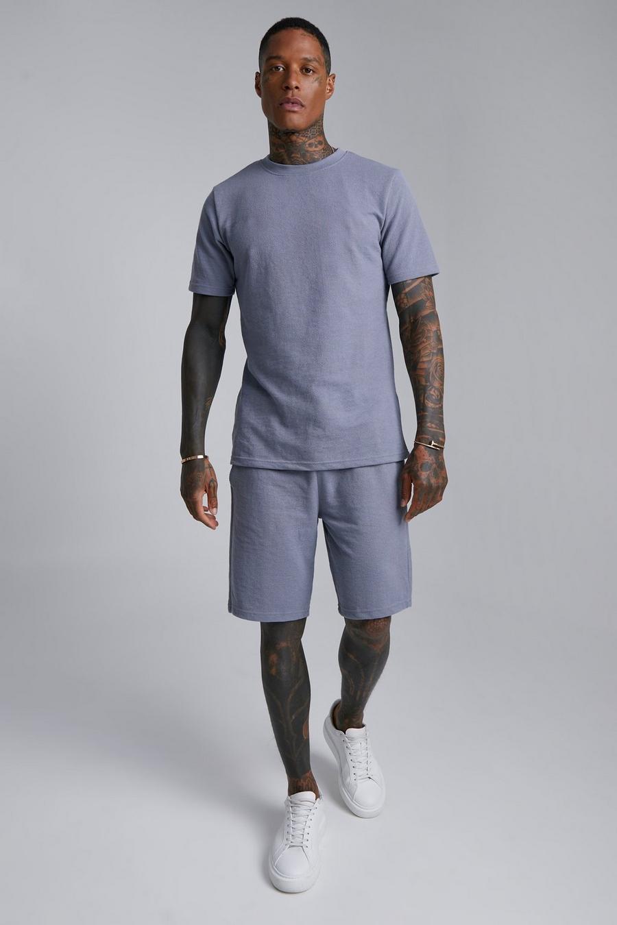 Slim-Fit Pique T-Shirt und Shorts, Dusty blue image number 1