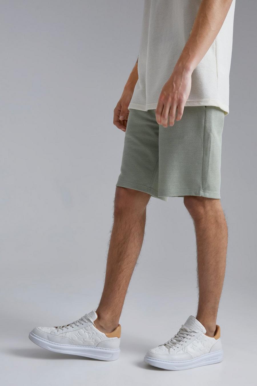 Sage grön Slim Fit Mid Pique Pintuck Shorts image number 1
