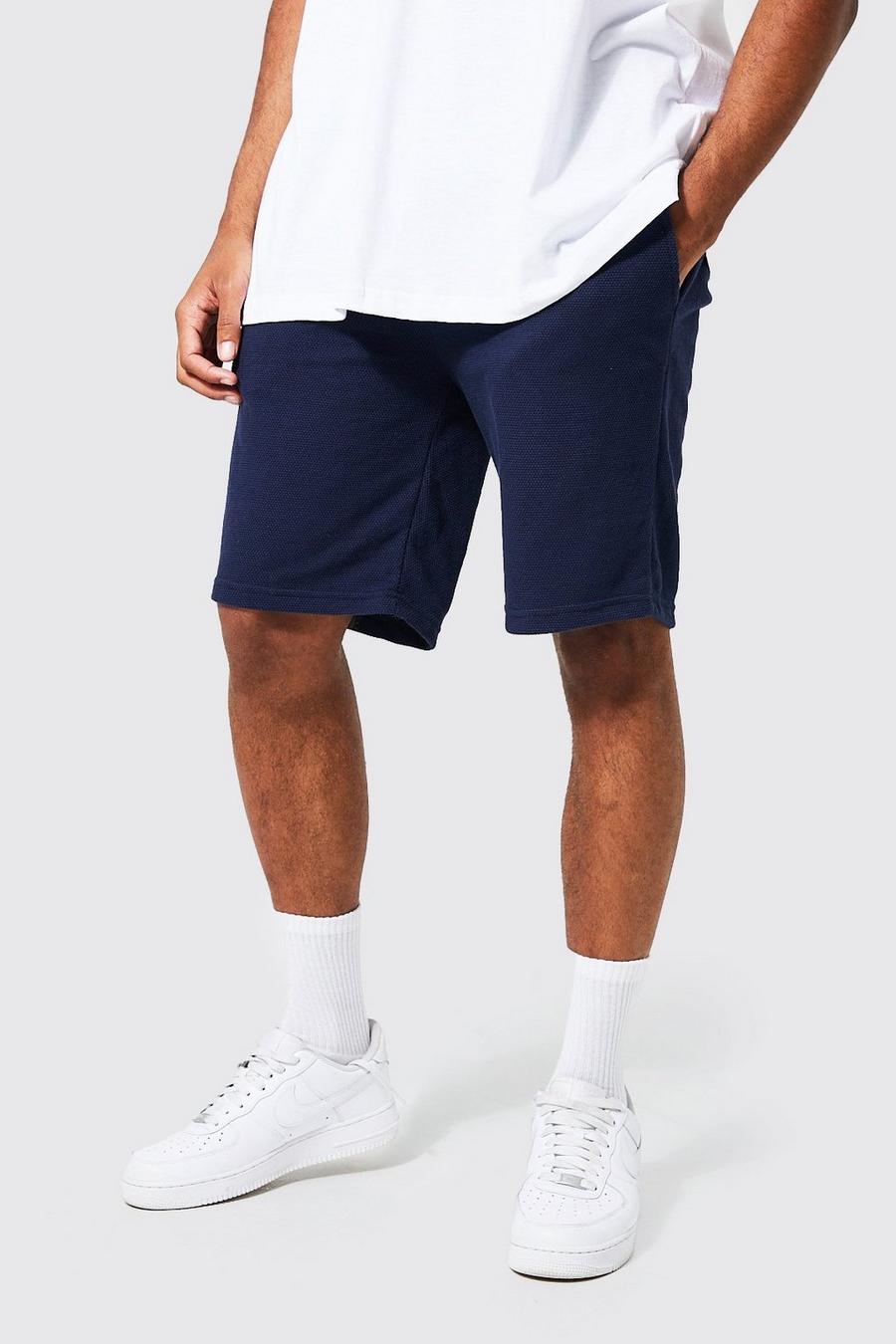 Navy Slim Fit Mid Pique Pintuck Shorts