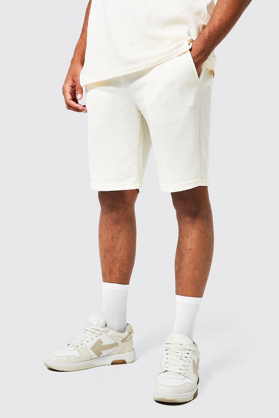 Sand beige Slim Fit Mid Pique Pintuck Shorts