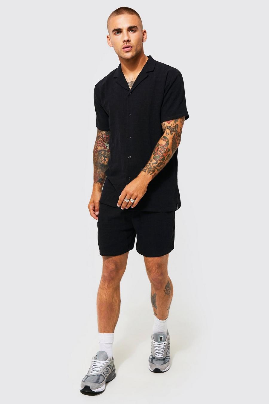 Black svart Kortärmad linneskjorta med bowlingkrage och shorts image number 1
