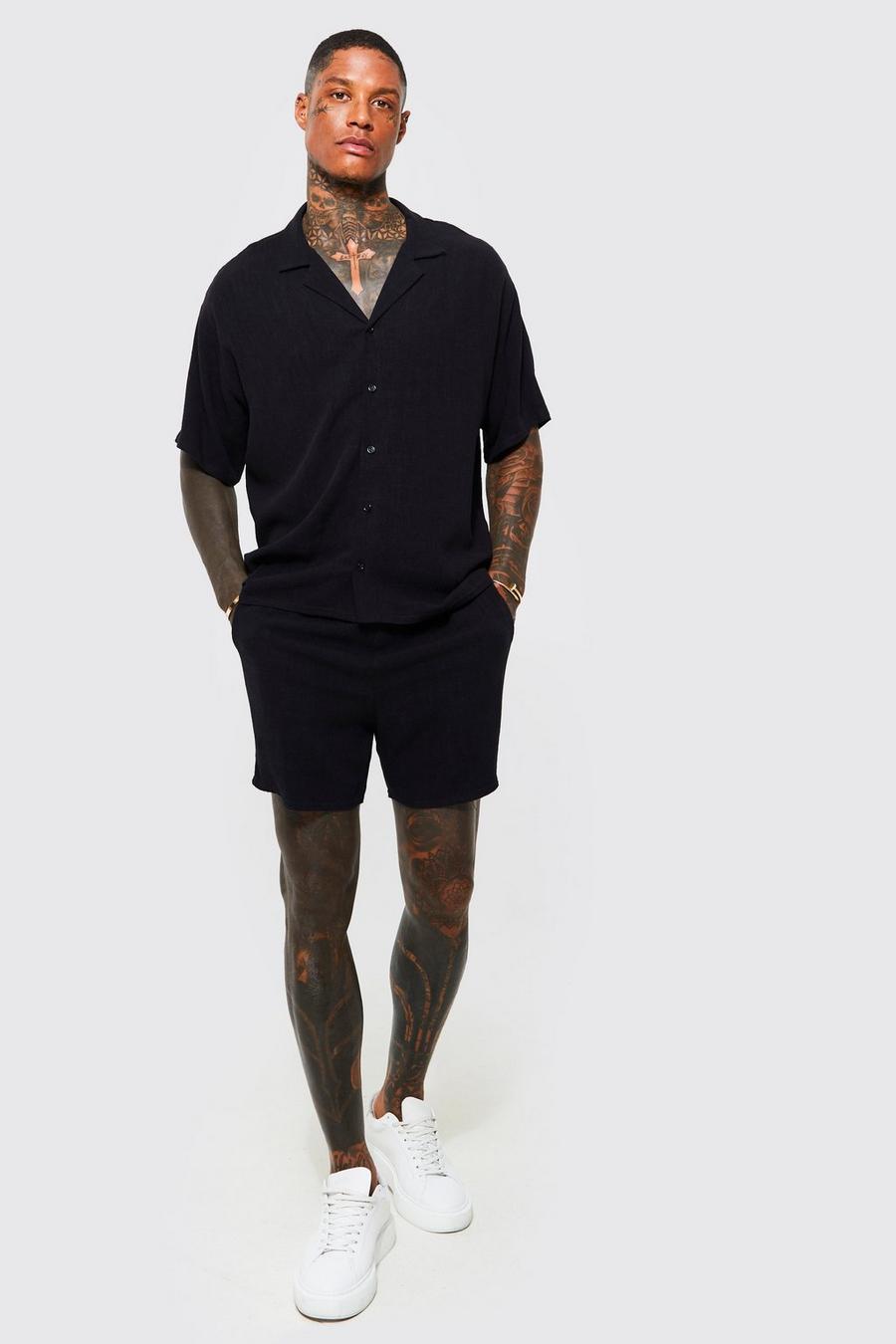 Black Boxy Fit Linen Shirt And Shorts Set image number 1