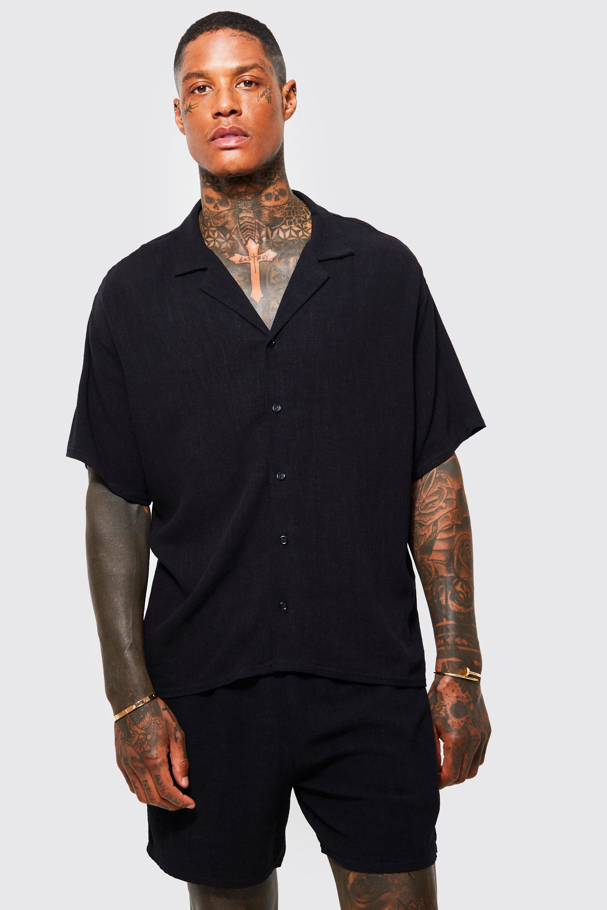 Cathalem Men's Shirt and Shorts Set Button Down Short Sleeve Shirt and  Shorts Set,Black XXXL