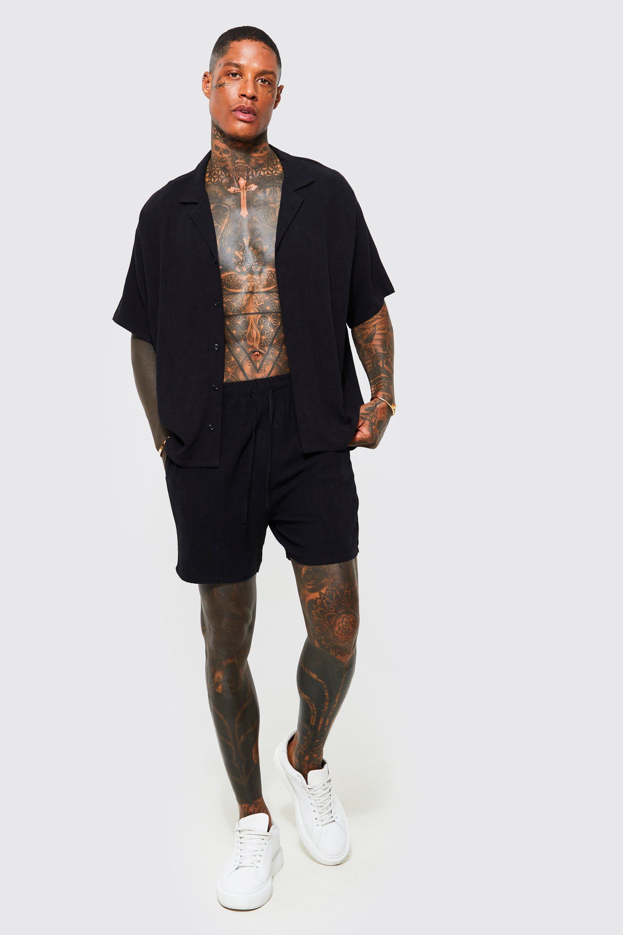 Men'S Boxy Fit Linen Shirt And Shorts Set | Boohoo Uk