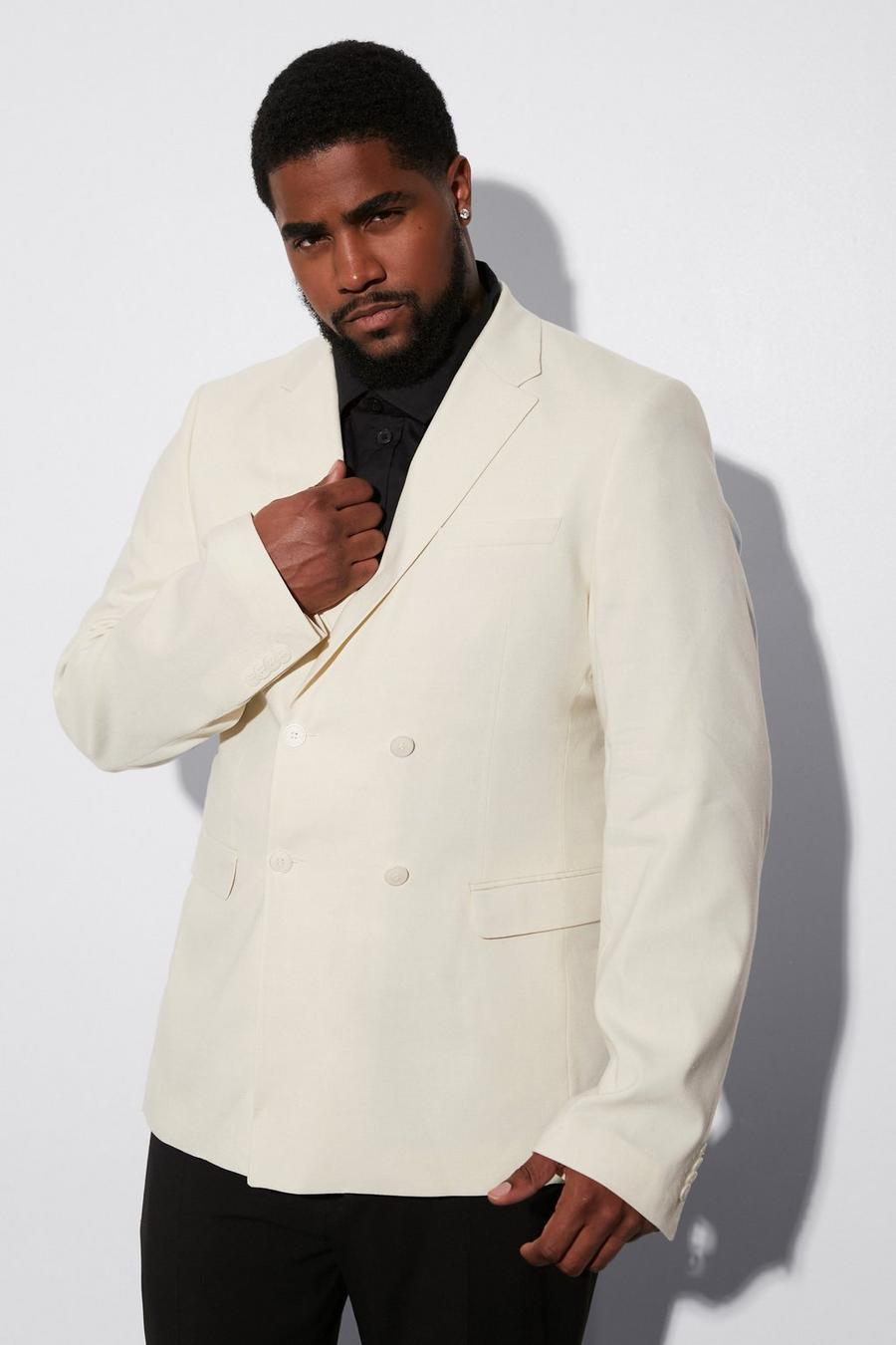 Ecru vit Plus Double Breasted Slim Linen Suit Jacket