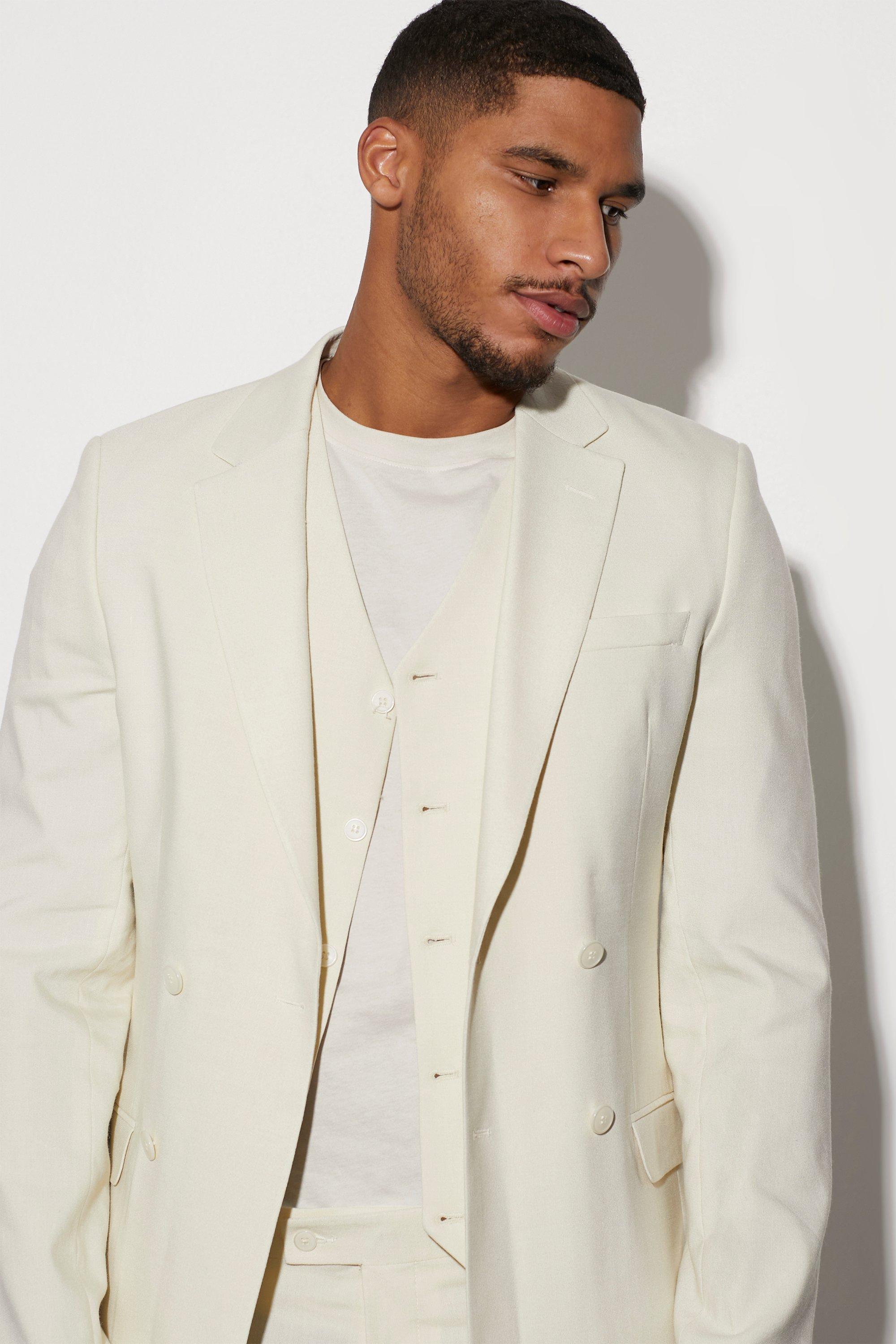 boohooMAN Men s Tall Double Breasted Slim Linen Suit Jacket Cream