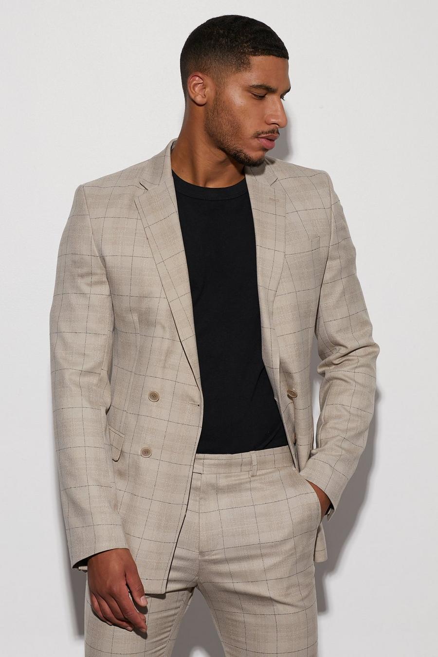 Beige Tall Double Breasted Skinny Check Suit Jacket